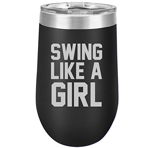 16 oz Double Wall Vacuum Insulated Stainless Steel Stemless Wine Tumbler Glass Coffee Travel Mug With Lid Swing Like A Girl Golf Softball Kettlebell (Black)