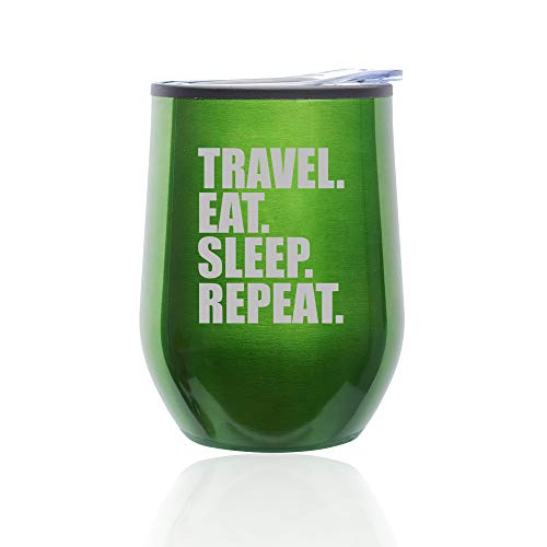 Stemless Wine Tumbler Coffee Travel Mug Glass With Lid Travel Eat Sleep Repeat (Green)