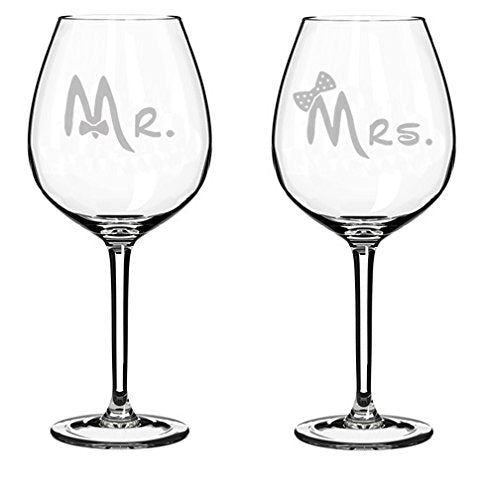 Set of 2 Wine Glasses Wedding Married Couple Mr. Mrs. Bows (20 oz Jumbo)