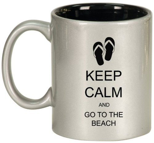 Keep Calm and Go to the Beach Flip Flops Ceramic Coffee Tea Mug Cup Silver Black