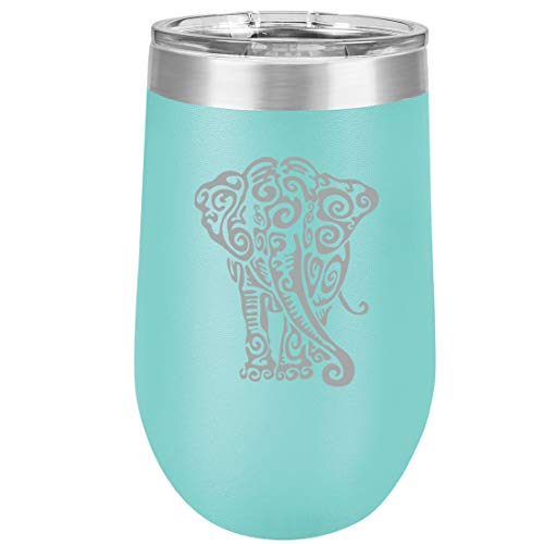 16 oz Double Wall Vacuum Insulated Stainless Steel Stemless Wine Tumbler Glass Coffee Travel Mug With Lid Tribal Elephant (Teal)