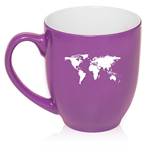 16 oz Large Bistro Mug Ceramic Coffee Tea Glass Cup World Map (Purple)