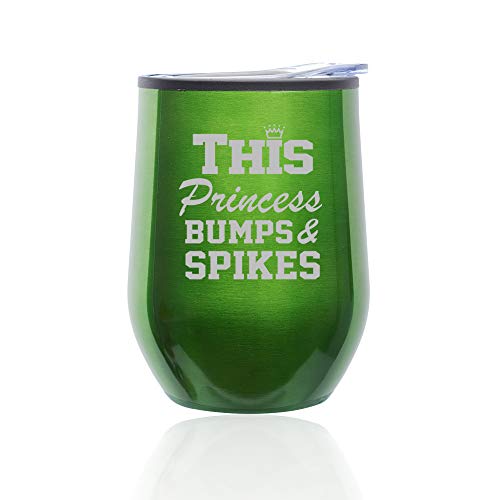 Stemless Wine Tumbler Coffee Travel Mug Glass With Lid This Princess Bumps & Spikes Volleyball (Green)
