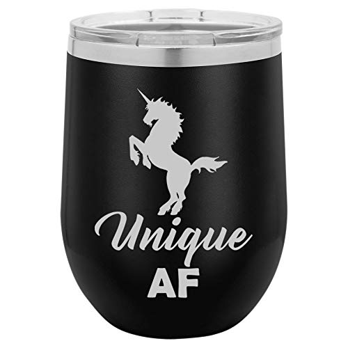 12 oz Double Wall Vacuum Insulated Stainless Steel Stemless Wine Tumbler Glass Coffee Travel Mug With Lid Unique AF Unicorn (Black)