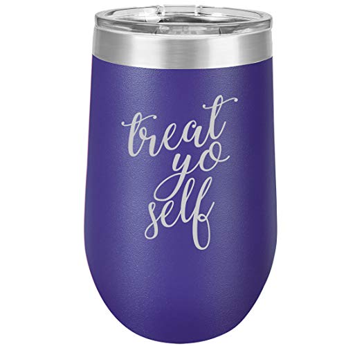 16 oz Double Wall Vacuum Insulated Stainless Steel Stemless Wine Tumbler Glass Coffee Travel Mug With Lid Treat Yo Self (Purple)
