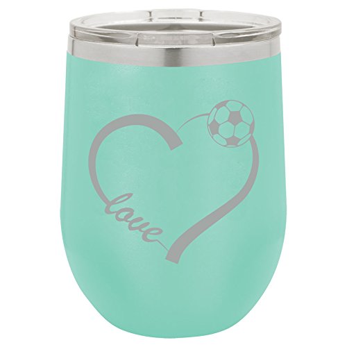 12 oz Double Wall Vacuum Insulated Stainless Steel Stemless Wine Tumbler Glass Coffee Travel Mug With Lid Love Heart Soccer (Teal)
