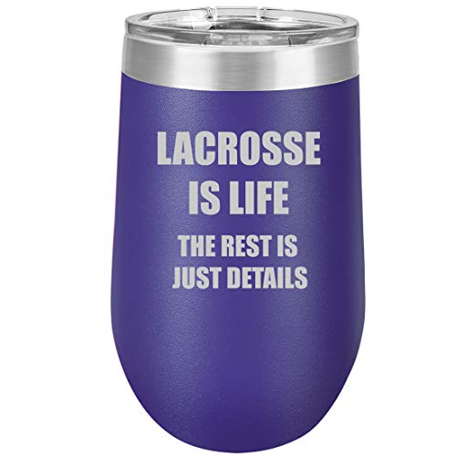 16 oz Double Wall Vacuum Insulated Stainless Steel Stemless Wine Tumbler Glass Coffee Travel Mug With Lid Lacrosse Is Life (Purple)