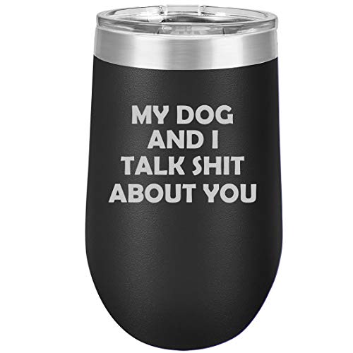 16 oz Double Wall Vacuum Insulated Stainless Steel Stemless Wine Tumbler Glass Coffee Travel Mug With Lid My Dog And I Talk About You Funny (Black)