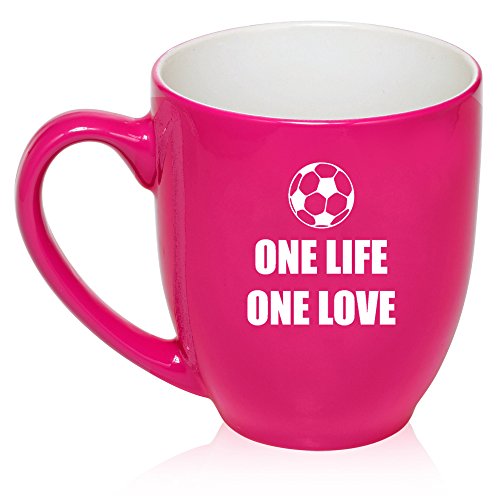 16 oz Large Bistro Mug Ceramic Coffee Tea Glass Cup One Life One Love Soccer (Hot Pink)