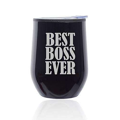 Stemless Wine Tumbler Coffee Travel Mug Glass With Lid Best Boss Ever (Midnight Black)