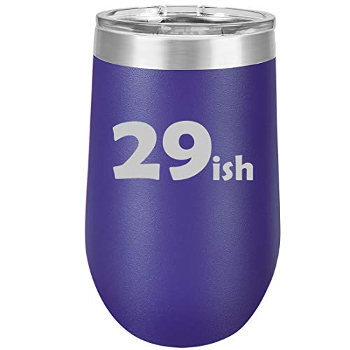 16 oz Double Wall Vacuum Insulated Stainless Steel Stemless Wine Tumbler Glass Coffee Travel Mug With Lid 29ish 30th Birthday Funny (Purple)