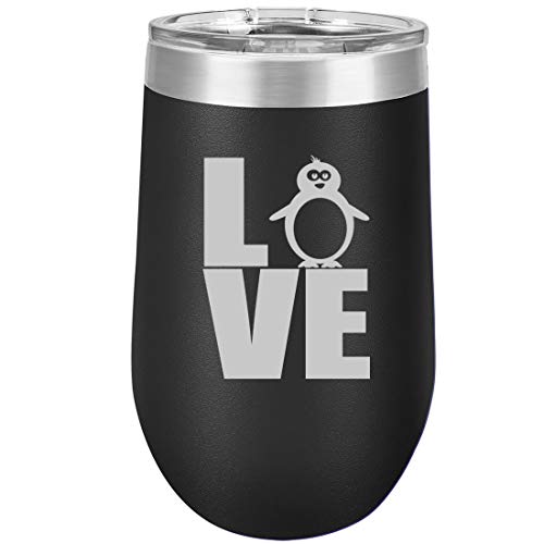 16 oz Double Wall Vacuum Insulated Stainless Steel Stemless Wine Tumbler Glass Coffee Travel Mug With Lid LOVE Penguin