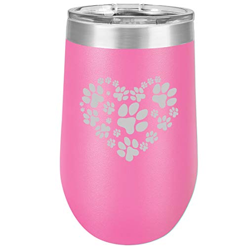 16 oz Double Wall Vacuum Insulated Stainless Steel Stemless Wine Tumbler Glass Coffee Travel Mug With Lid Heart Paw Prints (Hot Pink)