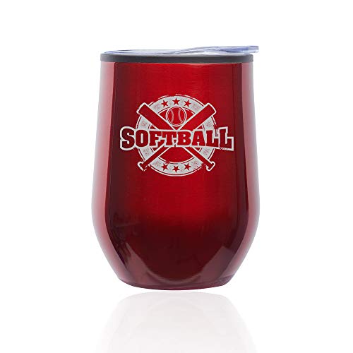 Stemless Wine Tumbler Coffee Travel Mug Glass With Lid Softball Vintage (Red)