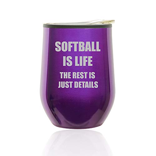 Stemless Wine Tumbler Coffee Travel Mug Glass With Lid Softball Is Life (Royal Purple)