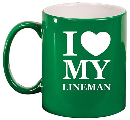 Ceramic Coffee Tea Mug Cup I Love Heart My Lineman (Green)