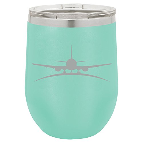 12 oz Double Wall Vacuum Insulated Stainless Steel Stemless Wine Tumbler Glass Coffee Travel Mug With Lid Airplane Pilot Flight Attendant (Teal)