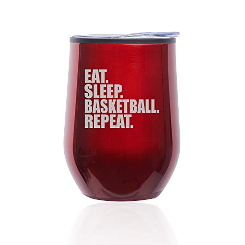 Stemless Wine Tumbler Coffee Travel Mug Glass With Lid Eat Sleep Basketball Repeat (Red)