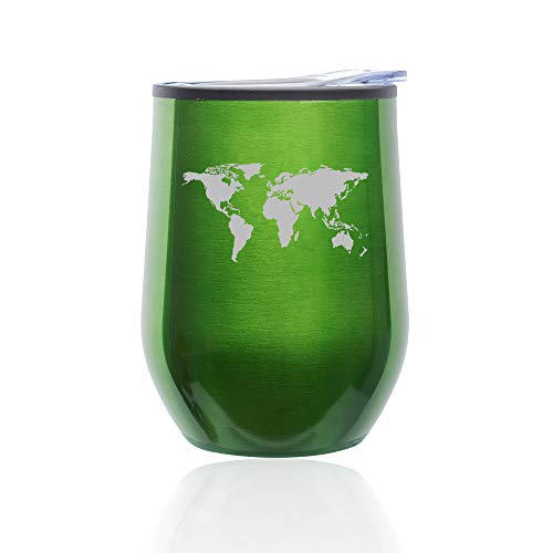 Stemless Wine Tumbler Coffee Travel Mug Glass With Lid World Map (Green)