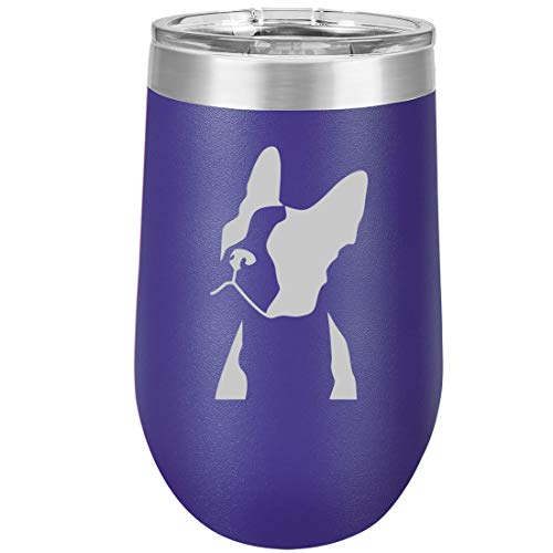 16 oz Double Wall Vacuum Insulated Stainless Steel Stemless Wine Tumbler Glass Coffee Travel Mug With Lid Boston Terrier Face (Purple)