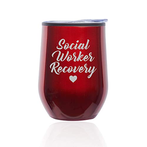 Stemless Wine Tumbler Coffee Travel Mug Glass With Lid Social Worker Recovery (Red)