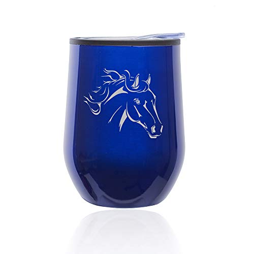 Stemless Wine Tumbler Coffee Travel Mug Glass With Lid Horse Head (Blue)
