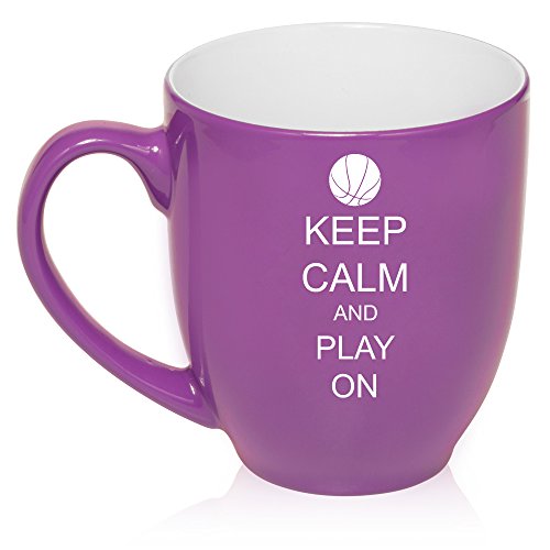16 oz Large Bistro Mug Ceramic Coffee Tea Glass Cup Keep Calm and Play On Basketball (Purple)