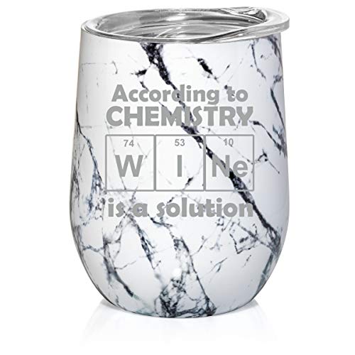 12 oz Double Wall Vacuum Insulated Stainless Steel Marble Stemless Wine Tumbler Glass Coffee Travel Mug With Lid According To Chemistry Wine Is A Solution Funny Geek Nerd (Black White Marble)