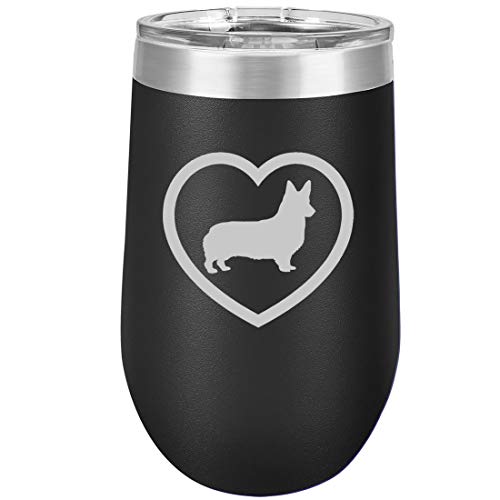 16 oz Double Wall Vacuum Insulated Stainless Steel Stemless Wine Tumbler Glass Coffee Travel Mug With Lid Corgi Heart (Black)