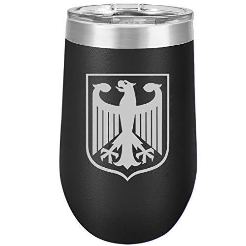 16 oz Double Wall Vacuum Insulated Stainless Steel Stemless Wine Tumbler Glass Coffee Travel Mug With Lid Germany German Eagle (Black)