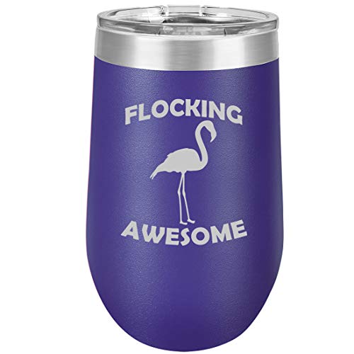 16 oz Double Wall Vacuum Insulated Stainless Steel Stemless Wine Tumbler Glass Coffee Travel Mug With Lid Flocking Awesome Flamingo Funny (Purple)