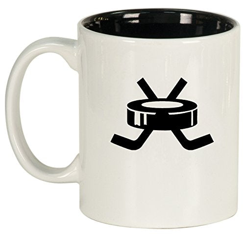 Ceramic Coffee Tea Mug Cup Hockey Puck with Sticks (White)