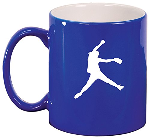 Ceramic Coffee Tea Mug Cup Female Softball Pitcher (Blue)