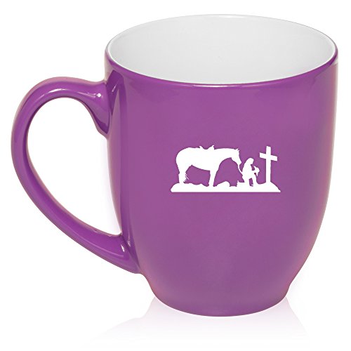 16 oz Large Bistro Mug Ceramic Coffee Tea Glass Cup Cowgirl Praying Cross Horse (Purple)