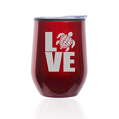 Stemless Wine Tumbler Coffee Travel Mug Glass With Lid Love Sea Turtle (Red)