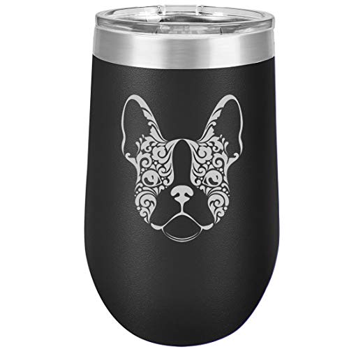 16 oz Double Wall Vacuum Insulated Stainless Steel Stemless Wine Tumbler Glass Coffee Travel Mug With Lid French Bulldog Floral (Black)