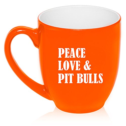 16 oz Large Bistro Mug Ceramic Coffee Tea Glass Cup Peace Love & Pit Bulls (Orange)