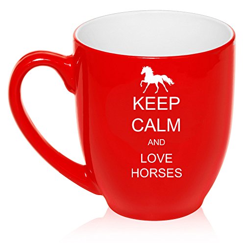 16 oz Large Bistro Mug Ceramic Coffee Tea Glass Cup Keep Calm and Love Horses (Red)