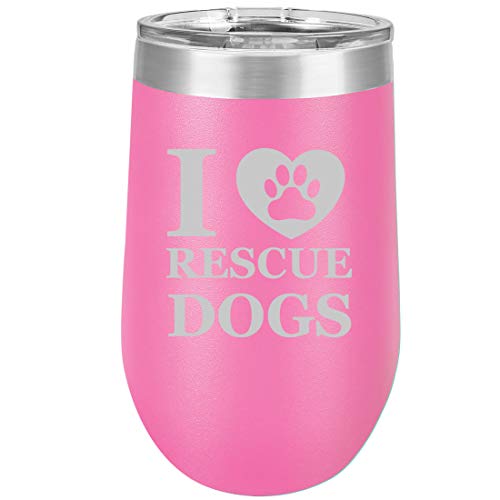 16 oz Double Wall Vacuum Insulated Stainless Steel Stemless Wine Tumbler Glass Coffee Travel Mug With Lid I Heart Love Rescue Dogs (Hot Pink)