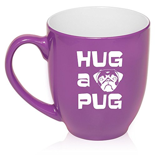 16 oz Large Bistro Mug Ceramic Coffee Tea Glass Cup Hug a Pug (Purple)