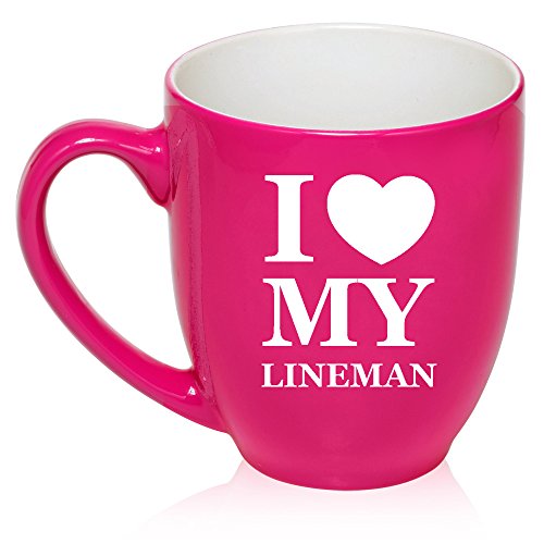 16 oz Large Bistro Mug Ceramic Coffee Tea Glass Cup I Love Heart My Lineman (Hot Pink)
