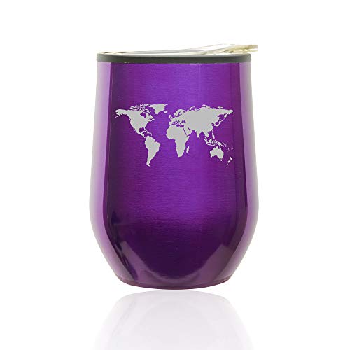 Stemless Wine Tumbler Coffee Travel Mug Glass With Lid World Map (Royal Purple)