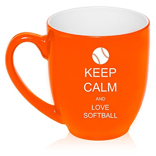 16 oz Large Bistro Mug Ceramic Coffee Tea Glass Cup Keep Calm and Love Softball (Orange)
