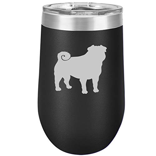 16 oz Double Wall Vacuum Insulated Stainless Steel Stemless Wine Tumbler Glass Coffee Travel Mug With Lid Pug (Black)