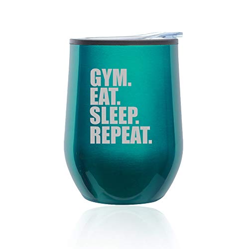 Stemless Wine Tumbler Coffee Travel Mug Glass With Lid Gym Eat Sleep Repeat (Turquoise Teal)