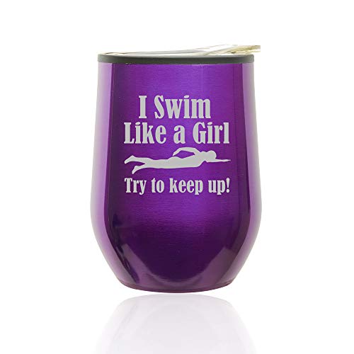 Stemless Wine Tumbler Coffee Travel Mug Glass With Lid Swim Like A Girl (Royal Purple)