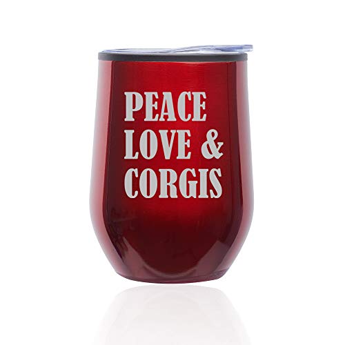 Stemless Wine Tumbler Coffee Travel Mug Glass With Lid Peace Love & Corgis (Red)