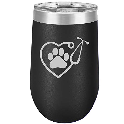 16 oz Double Wall Vacuum Insulated Stainless Steel Stemless Wine Tumbler Glass Coffee Travel Mug With Lid Heart Stethoscope Vet Tech Veterinarian