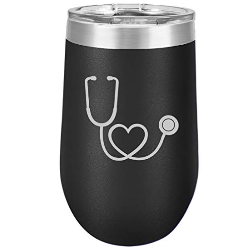 16 oz Double Wall Vacuum Insulated Stainless Steel Stemless Wine Tumbler Glass Coffee Travel Mug With Lid Heart Stethoscope Nurse Doctor (Black)