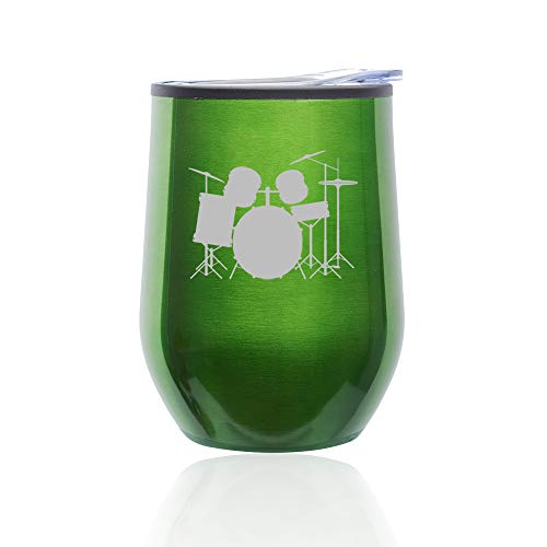 Stemless Wine Tumbler Coffee Travel Mug Glass With Lid Drum Set (Green)